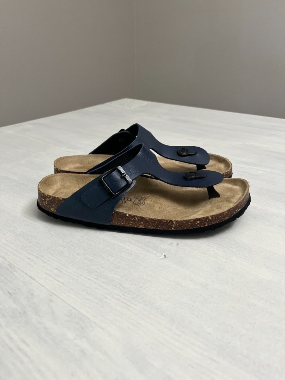 Maibulun T-Strap Cork Footbed Sandals with Adjustable Buckle in Navy
